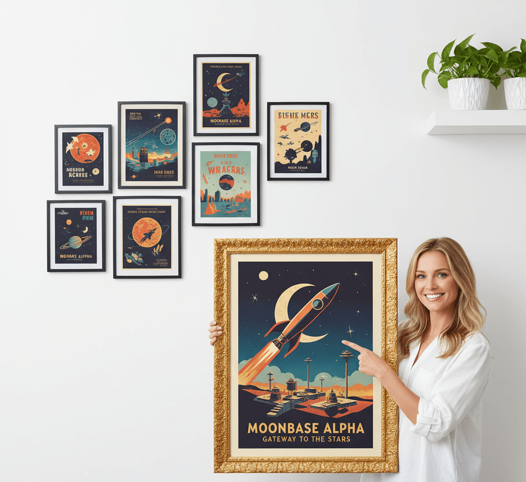 Woman presenting vintage retro space travel poster for Moonbase Alpha in large Royal Gold ornate baroque picture frame alongside coordinating collection of planetary travel prints in modern frames - showcasing traditional decorative gold picture frames for mid-century modern posters, vintage advertising art, and retro science fiction illustration with elaborate 1 inch baroque scrollwork detail