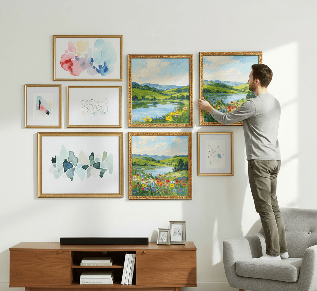 Man arranging mixed gallery wall combining Royal Gold ornate baroque picture frames with simple gold frames featuring pastoral landscape paintings with wildflowers, abstract watercolor compositions, and minimalist line drawings - illustrating decorative gold picture frame applications for eclectic art collections mixing ornate and contemporary framing styles in residential interiors