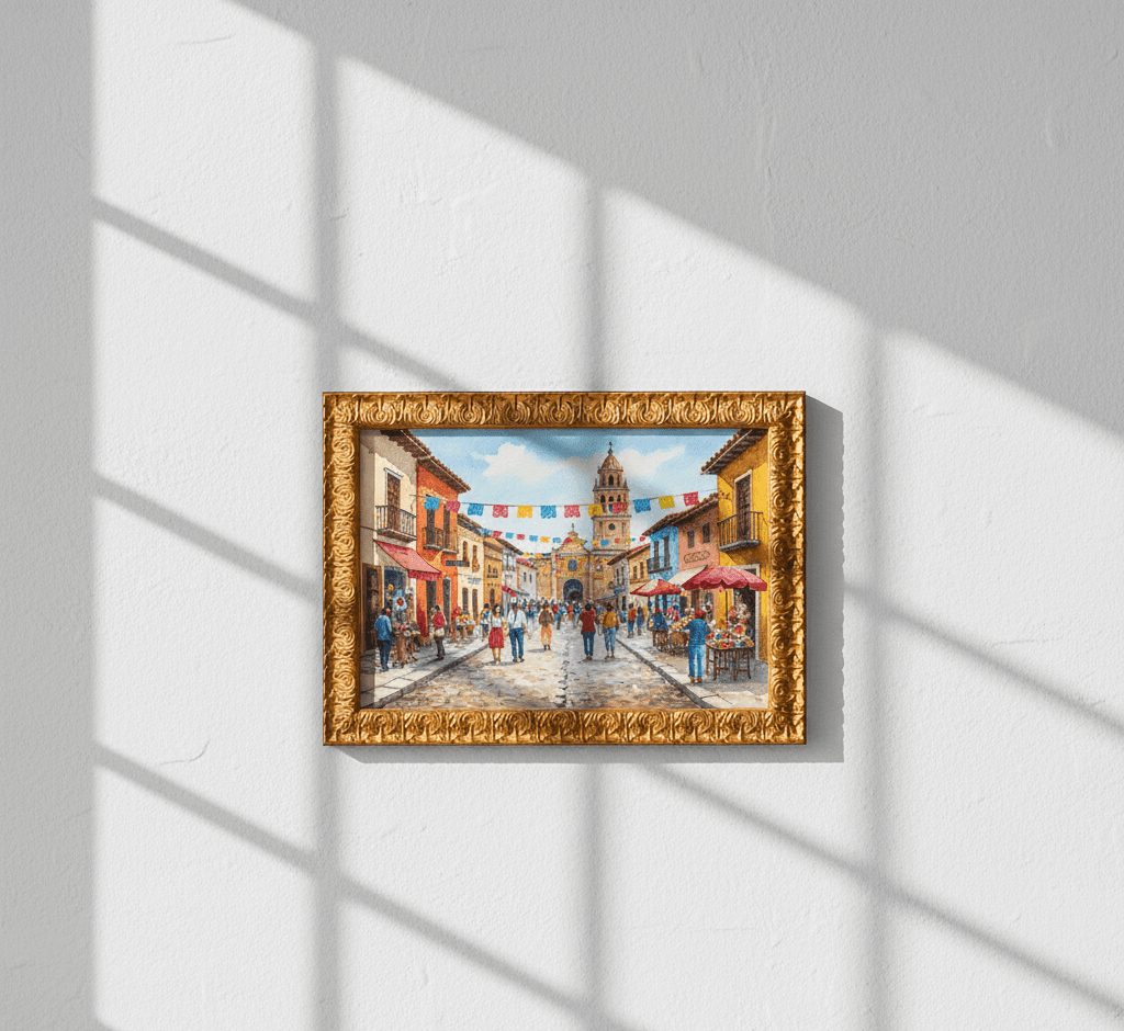 Colorful Latin American colonial street scene painting with festive banners and church tower in Royal Gold ornate baroque picture frame with dramatic window light and shadows - showcasing traditional decorative gold picture frames for travel artwork, cultural paintings, architectural scenes, and vibrant international art requiring elaborate 1 inch scrollwork moulding with classical baroque detailing