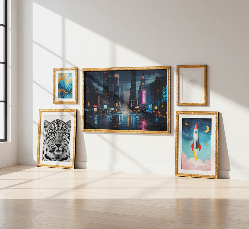 Contemporary art collection in Royal Gold baroque picture frames featuring dramatic cityscape, wildlife leopard portrait, rocket ship illustration, and abstract wave painting with natural window light - showcasing versatile ornate gold picture frames for eclectic modern art displays and mixed media gallery presentations with traditional baroque moulding
