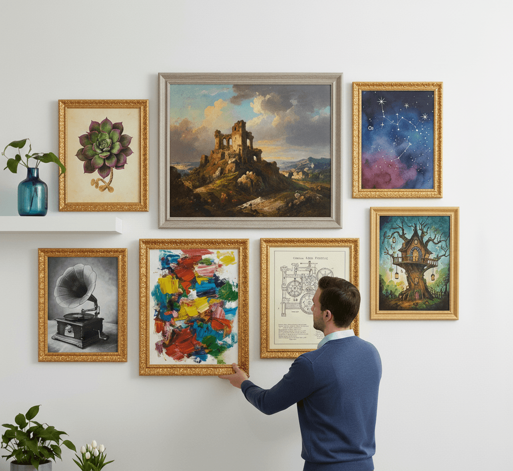 Eclectic gallery wall arrangement with Royal Gold baroque picture frames displaying Victorian botanical prints, vintage phonograph photography, abstract expressionist painting, castle ruins landscape, constellation map, and treehouse illustration - demonstrating ornate gold picture frame versatility for curated salon-style wall displays with elaborate 1 inch scrollwork moulding