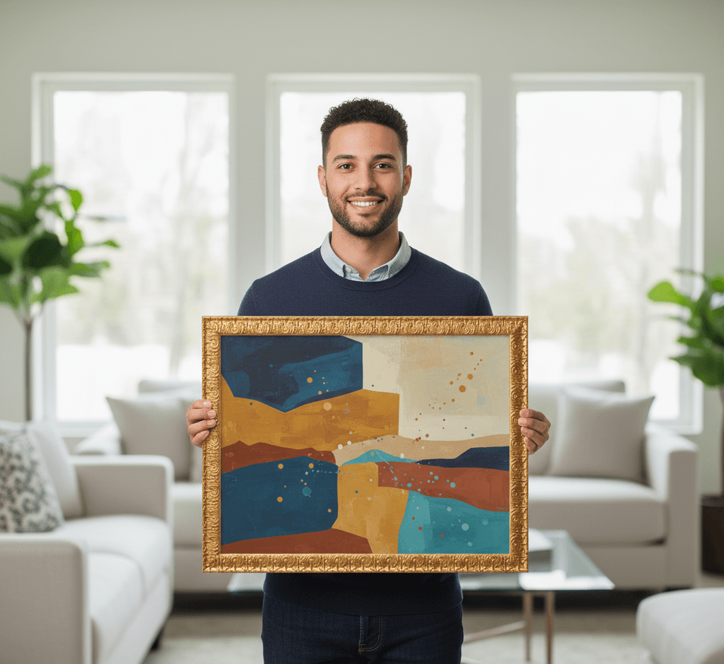 Man presenting contemporary abstract geometric art with bold color blocks in Royal Gold ornate baroque picture frame in bright modern interior - illustrating traditional decorative gold picture frames for modern abstract paintings and juxtaposition of classical ornate framing with contemporary design aesthetics