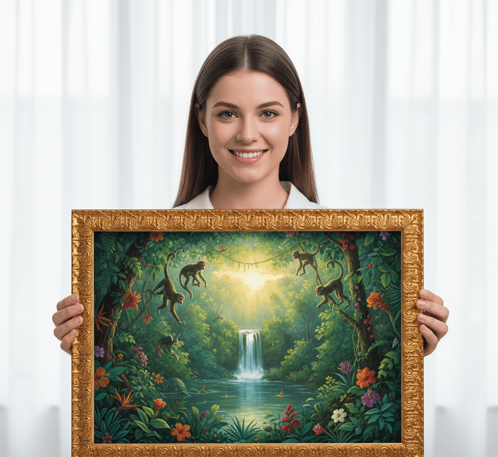 Woman holding lush tropical jungle waterfall painting with monkeys and exotic flowers in Royal Gold elaborate baroque picture frame - showcasing ornate 1 inch gold picture frames for nature artwork, botanical illustrations, rainforest paintings, and vibrant wildlife art requiring decorative classical scrollwork framing