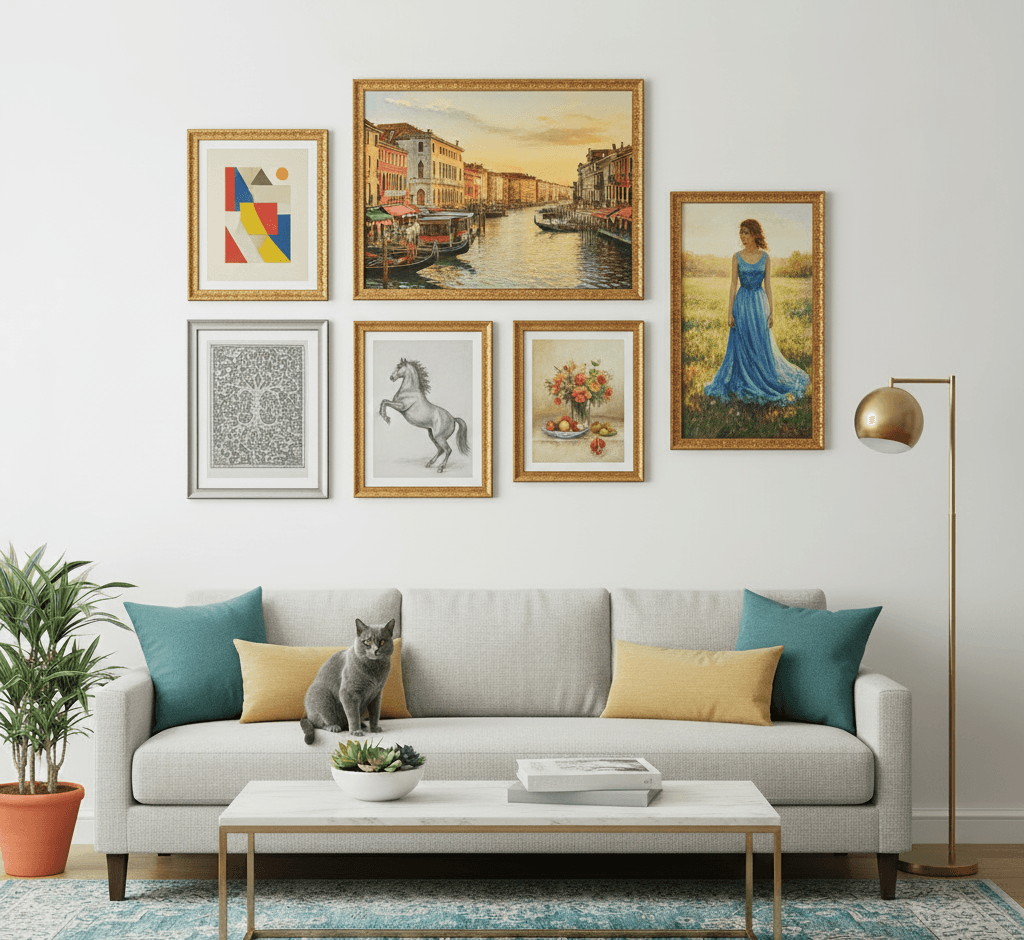 Sophisticated living room gallery wall featuring Venetian Grand Canal sunset painting, geometric modern art, horse sketch, floral still life, and figure in landscape arranged with Royal Gold ornate baroque picture frames above neutral sofa - demonstrating traditional decorative gold picture frame applications for mixed classical and contemporary art in luxury residential interiors