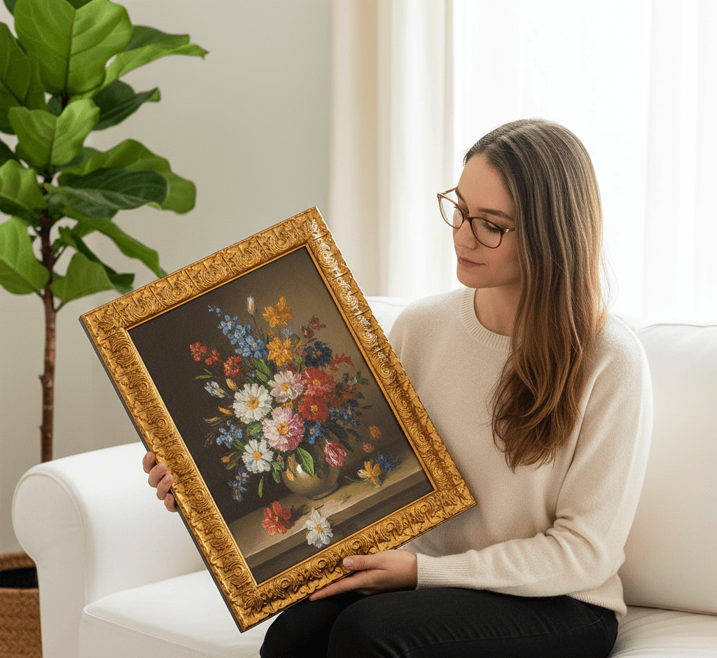 Woman admiring classical still life painting of colorful flowers in Royal Gold ornate baroque picture frame while seated in contemporary interior - illustrating traditional decorative gold picture frames for botanical art, floral paintings, and timeless artwork requiring elaborate 1 inch moulding with scrollwork details