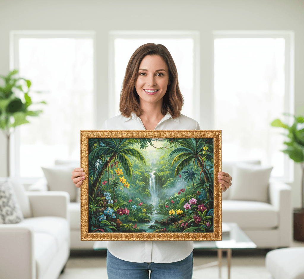 Woman presenting vibrant tropical waterfall landscape with palm trees and exotic flowers in Royal Gold ornate baroque picture frame in bright modern living room - showcasing elaborate decorative gold picture frames for nature photography, tropical paintings, and large format botanical artwork in contemporary residential settings with classical scrollwork moulding