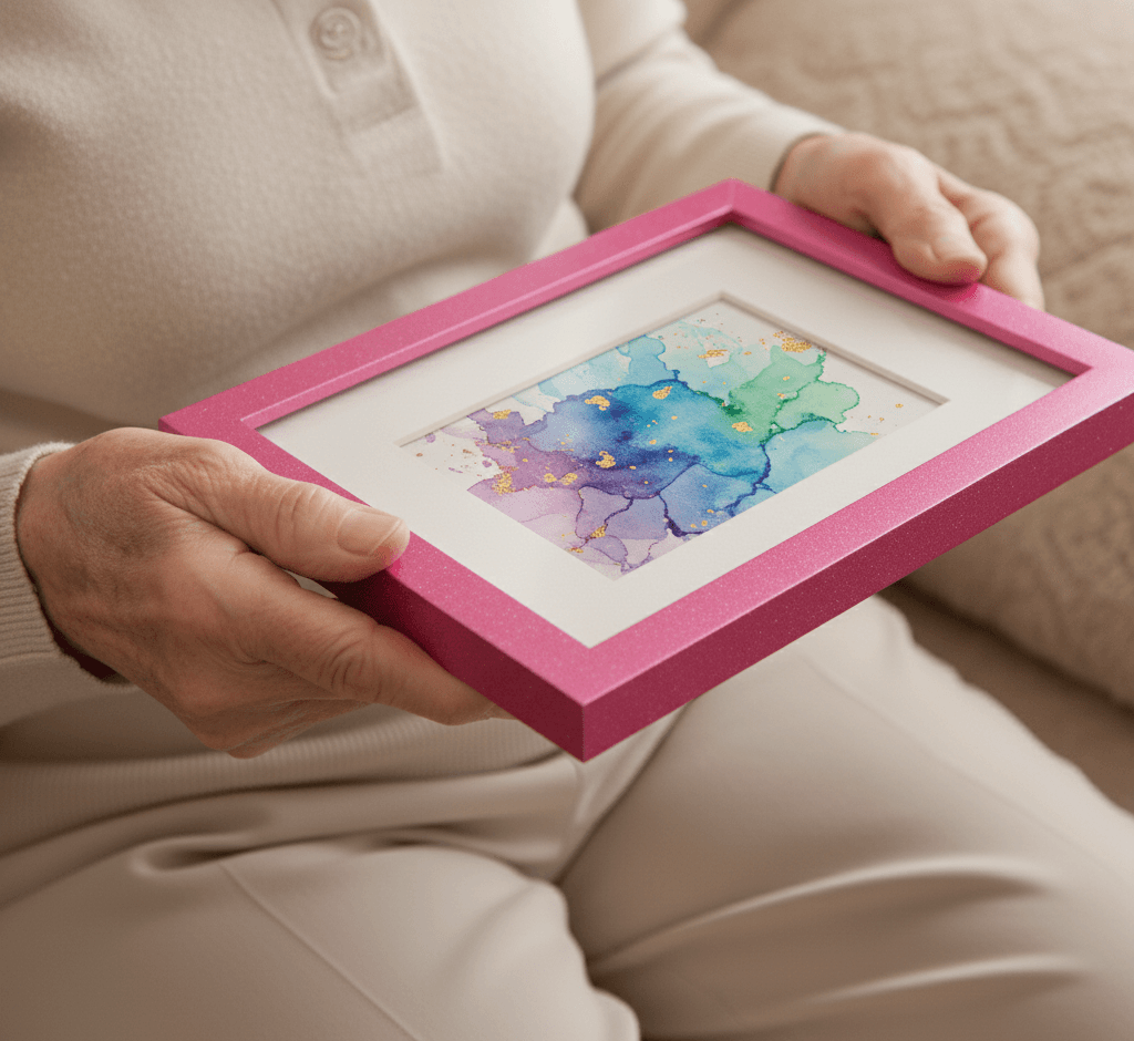 Woman holding Pink Wood frame with cute watercolor fox illustration in cozy modern living room showcasing cheerful pink styling for nature-themed nursery art