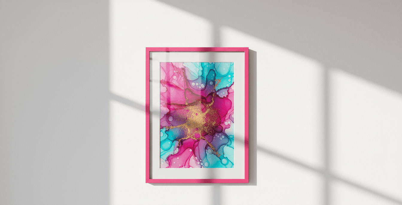 Woman in pink dress admiring colorful floral gallery wall of Pink Wood frames featuring vibrant artwork and black-and-white portraits demonstrating coordinated pink styling