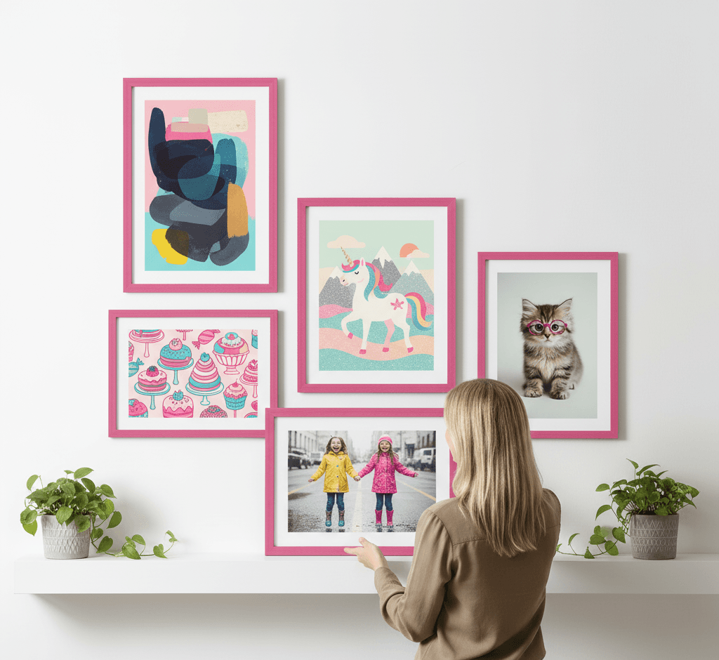 Smiling woman holding large Pink Wood framed print of white crane in flight against minimalist beige wall showcasing elegant presentation for nature photography