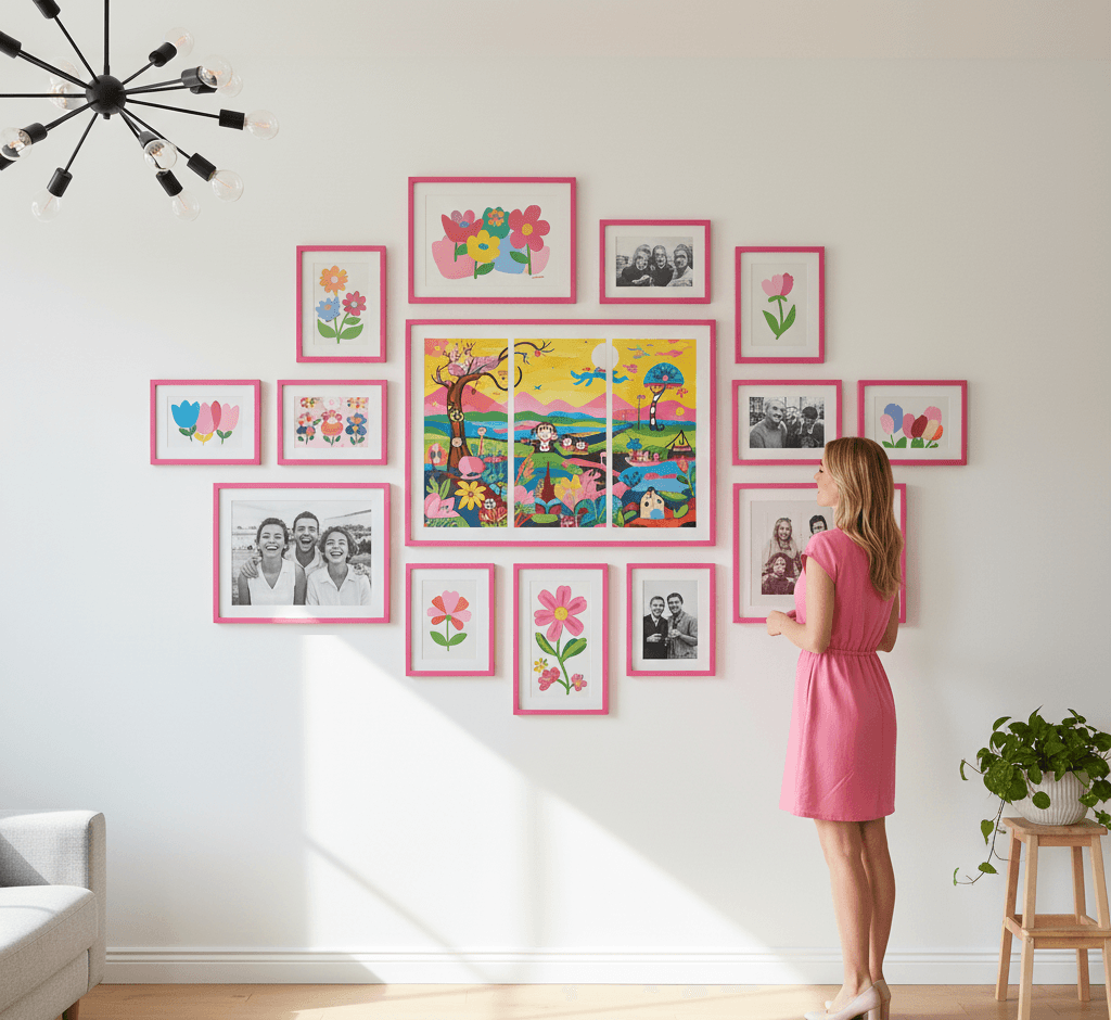 Pink Wood frame displaying family portrait with parents and baby surrounded by plush nursery toys and star-shaped lights showcasing cheerful styling for nursery memories