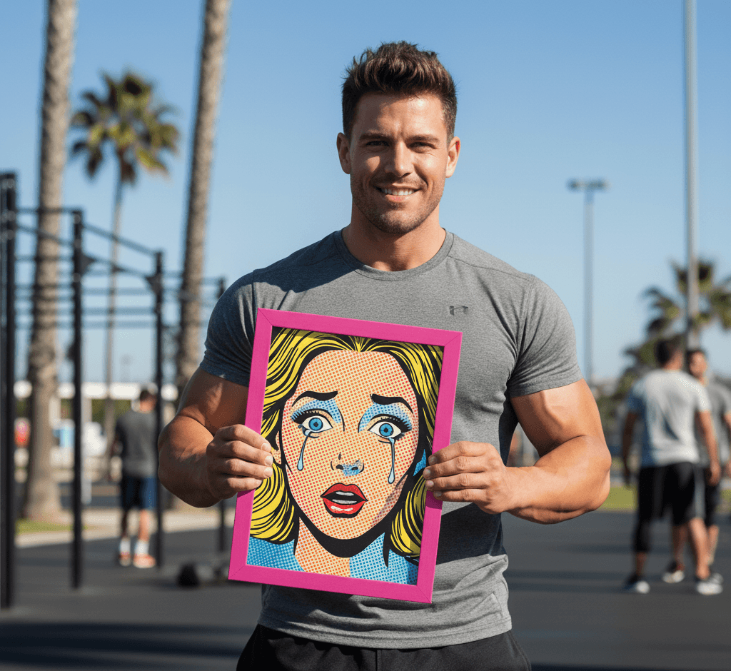 Man outdoors holding Pink Wood frame with pop art portrait against palm trees and beachfront showing vibrant pink finish for bold contemporary artwork