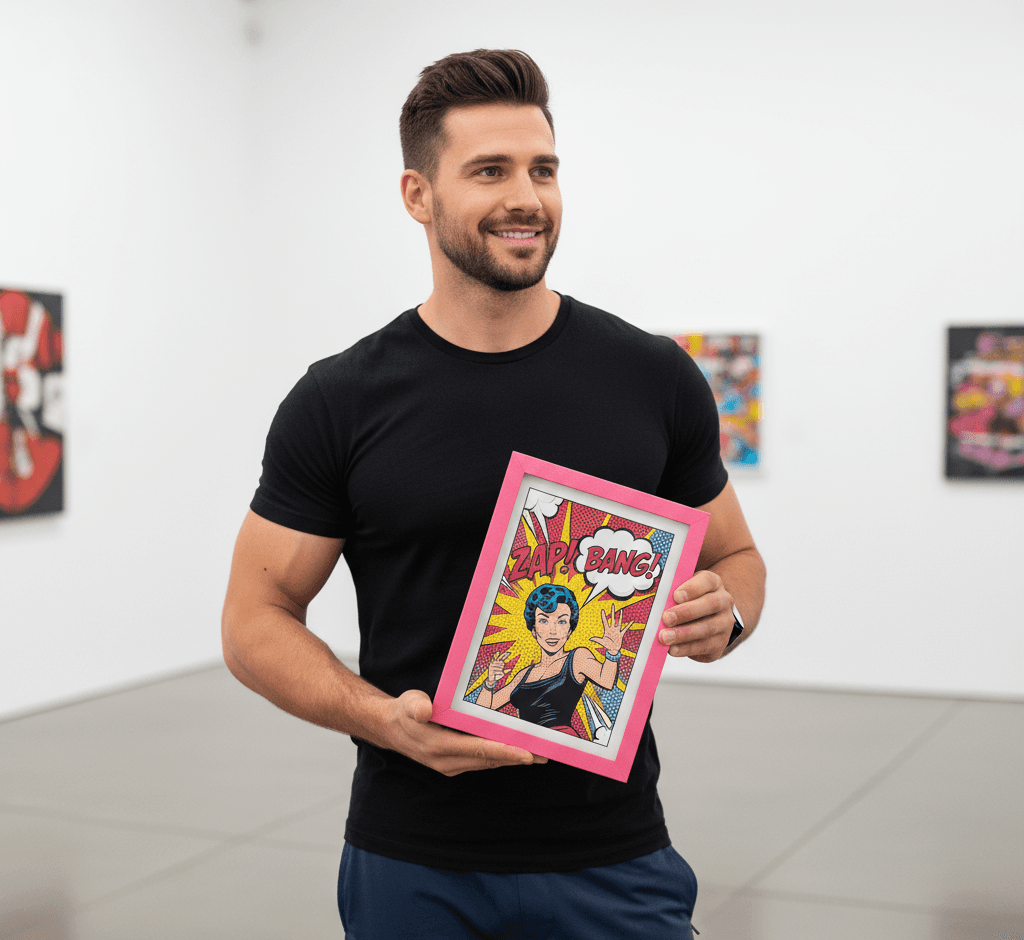 Man in modern gallery holding Pink Wood frame with comic book pop art demonstrating playful pink styling for contemporary art displays