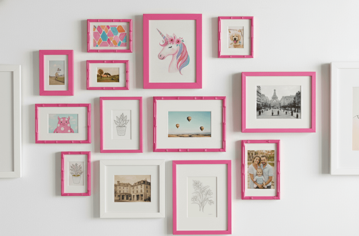 Pink Wood frame featuring smiling family portrait against neutral wall demonstrating bright pink finish ideal for modern home décor and cherished memories