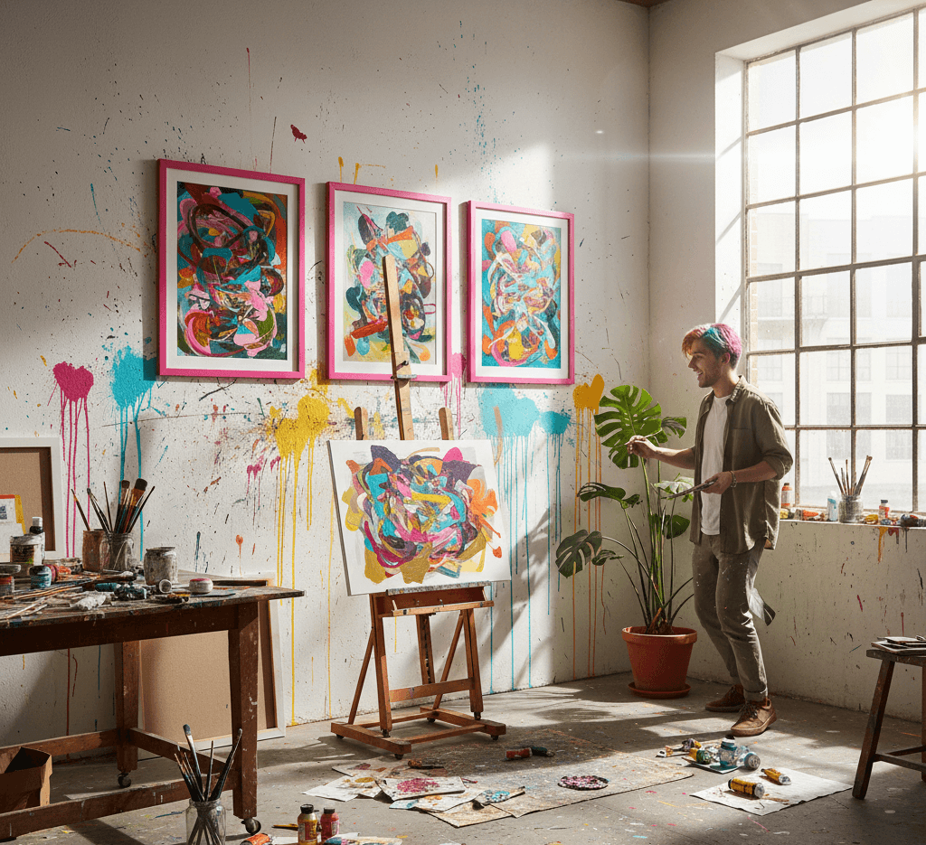 Woman arranging Pink Wood gallery wall featuring whimsical animal illustrations in bright cozy living room showcasing playful pink frames for coordinated displays