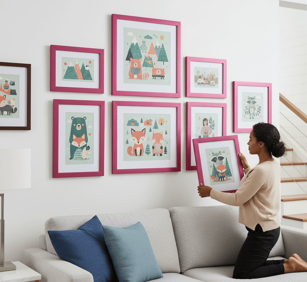 Close-up of person holding Pink Wood frame with illustrated city café scene featuring anthropomorphic animals showcasing whimsical pink styling for playful art