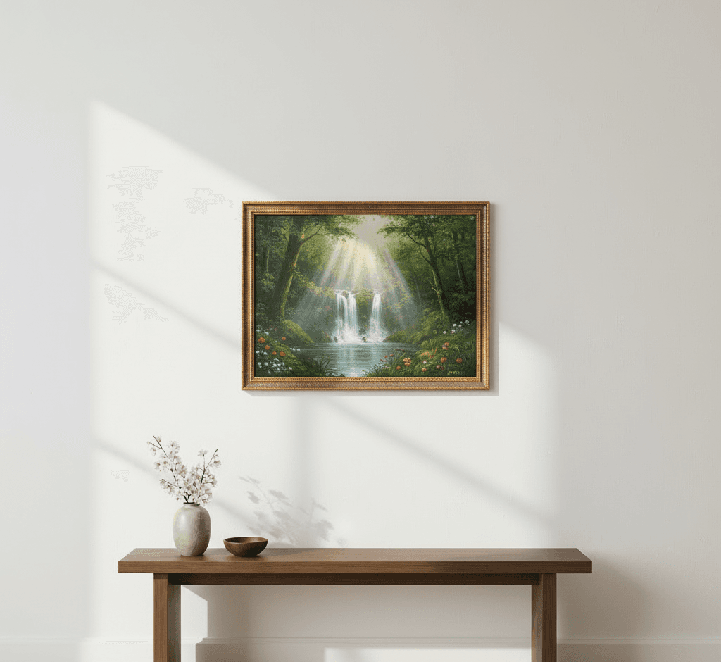 Museum Bronze frame displaying tranquil waterfall landscape above wooden console table with cherry blossoms demonstrating ornate gold finish for nature photography and serene wall art