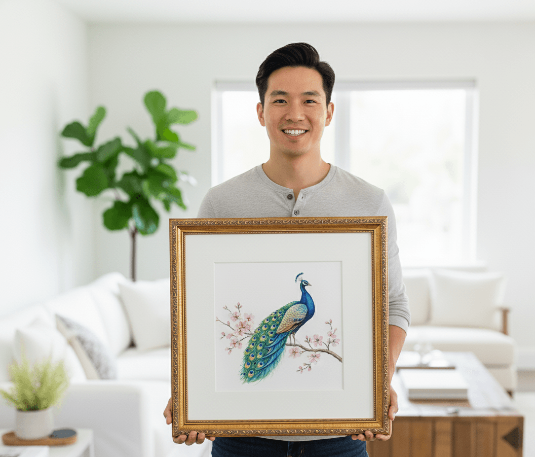 Museum Bronze custom frame with peacock watercolor artwork showcasing ornamental bronze finish perfect for decorative bird illustrations and Asian-inspired art