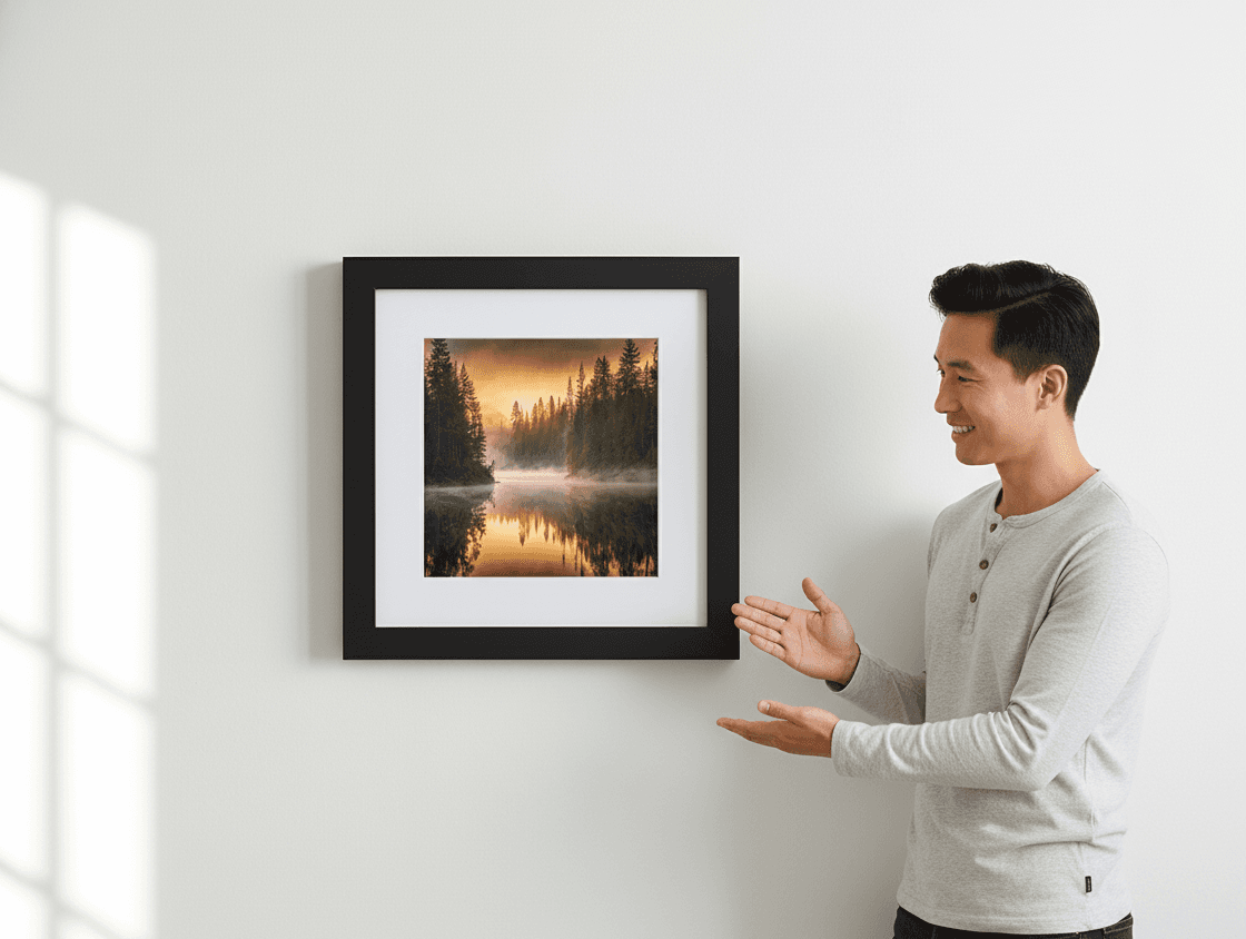 Man gesturing toward framed sunrise landscape photograph in sleek Modern Black frame hanging on bright white wall showcasing impressive depth and contemporary styling