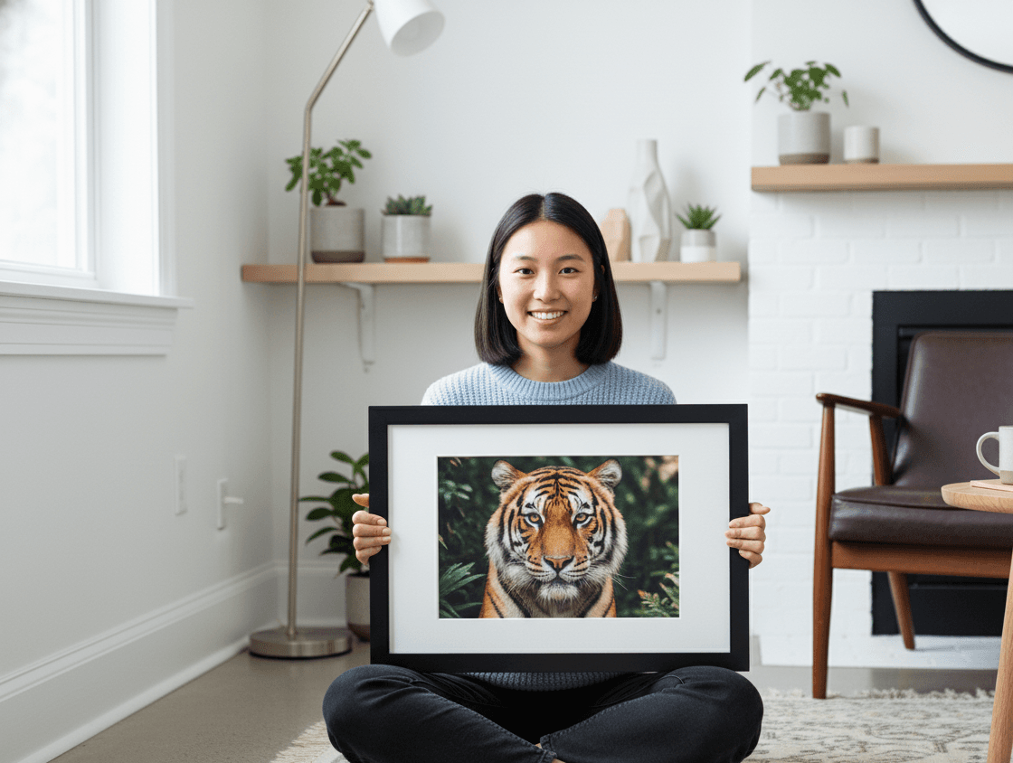 Smiling woman in powder blue sweater sitting cross-legged on floor holding Modern Black picture frame with white mat displaying striking wildlife photograph of orange and black striped Bengal tiger with piercing amber eyes in lush jungle foliage in bright Scandinavian living room with white subway tile walls, floating wood shelves, potted plants, leather armchair, and natural window light demonstrating bold black stepped profile for nature photography and wildlife art