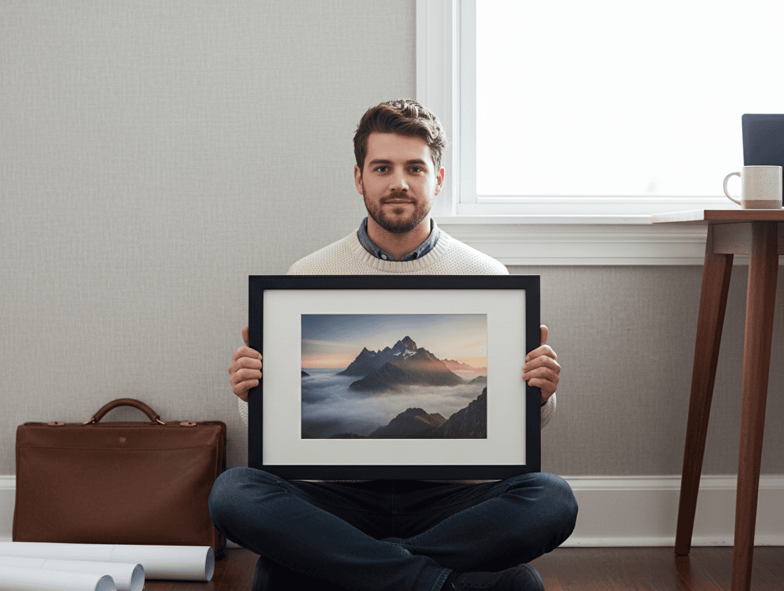 Bearded man in cream cable-knit sweater sitting cross-legged on floor holding Modern Black picture frame with white mat displaying dramatic mountain landscape photograph with jagged snow-capped peaks emerging from misty clouds at golden hour in minimalist Scandinavian interior with soft gray walls, leather briefcase, wood furniture, and natural window light demonstrating bold 1.5 inch stepped black profile for nature photography and adventure landscape prints