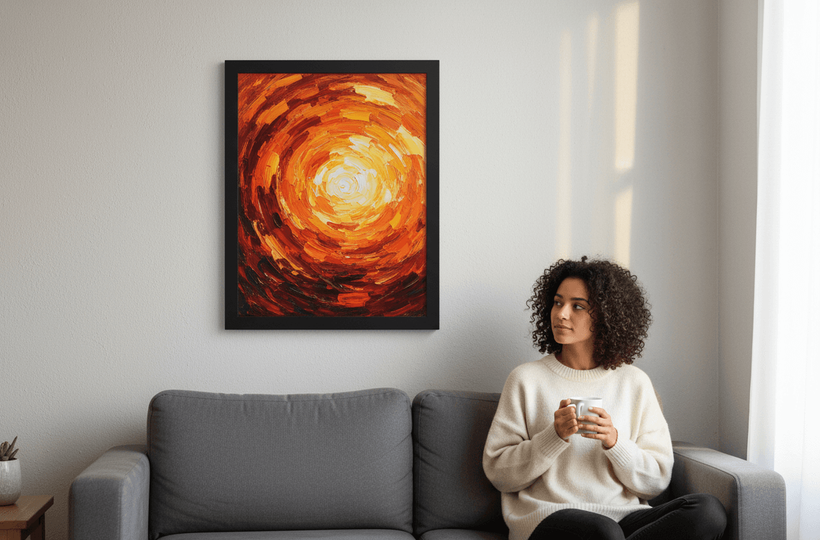 Woman with curly dark hair in oversized cream sweater holding coffee cup contemplating large Modern Black custom frame displaying dramatic abstract expressionist painting with fiery orange, red, crimson, and golden yellow concentric circular brushstrokes radiating from luminous center on soft gray wall in minimalist modern living room with gray sofa and natural window light demonstrating substantial black stepped profile for bold contemporary abstract artwork and modern interiors