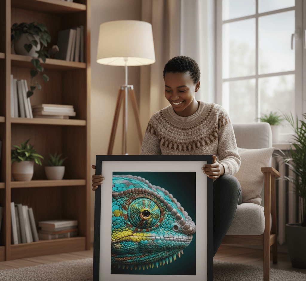 Smiling woman in beige Fair Isle patterned sweater sitting on beige armchair holding Modern Black picture frame displaying vibrant macro wildlife photograph of turquoise, teal, yellow, and purple chameleon with intricate scaled texture and golden eye in warm modern living room with wood bookshelf, potted plants, floor lamp, and natural window light demonstrating bold black stepped profile for macro photography and exotic wildlife prints