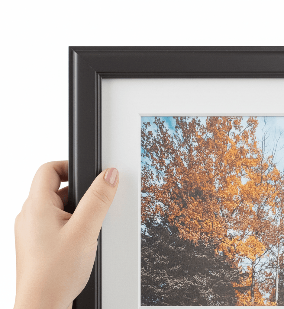 Modern Black picture frame corner detail close-up showcasing autumn tree photography with white mat highlighting substantial stepped profile and precision craftsmanship