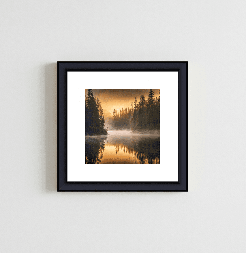 Modern Black frame displaying misty forest landscape photography with white mat in minimalist interior showcasing professional photography presentation