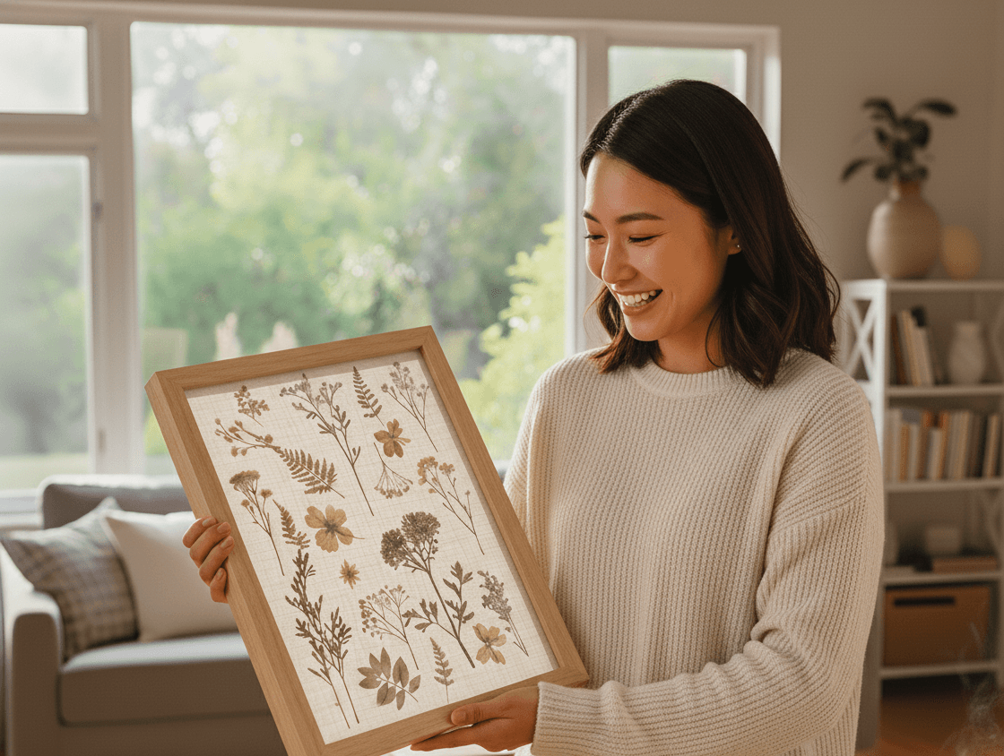 Entomologist displaying emerald green beetle insect specimen in natural wood shadowbox frame for scientific collection