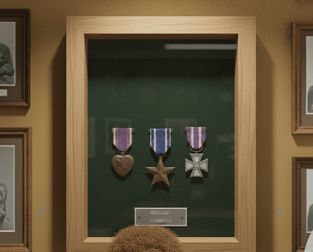 Military valor medals display with Purple Heart, Bronze Star, and cross on green velvet in natural wood frame