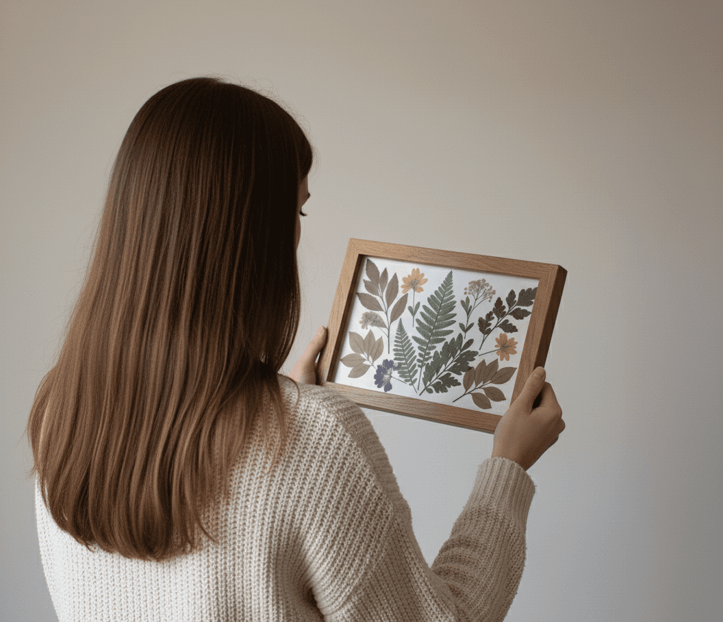 Woman admiring pressed botanical leaf and flower specimens arranged in natural wood shadowbox frame on wall