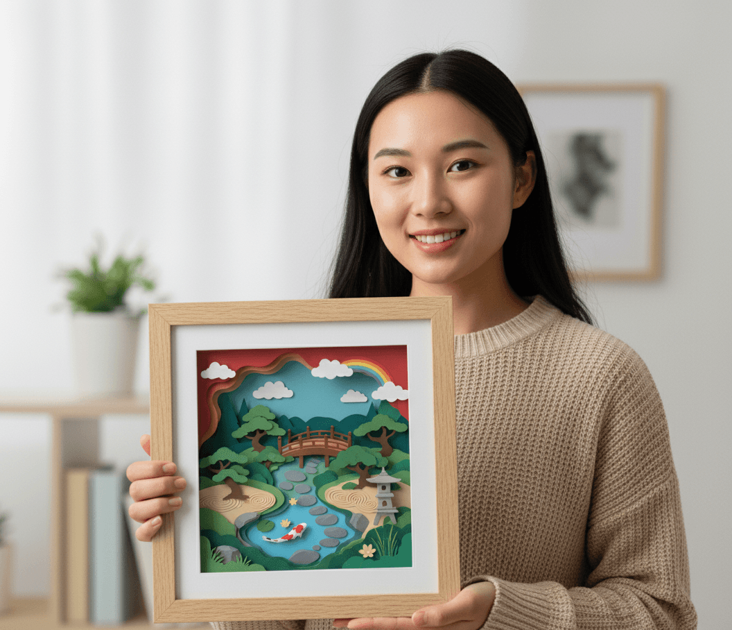 Woman holding layered paper art Japanese zen garden with koi pond in natural wood shadowbox with white mat