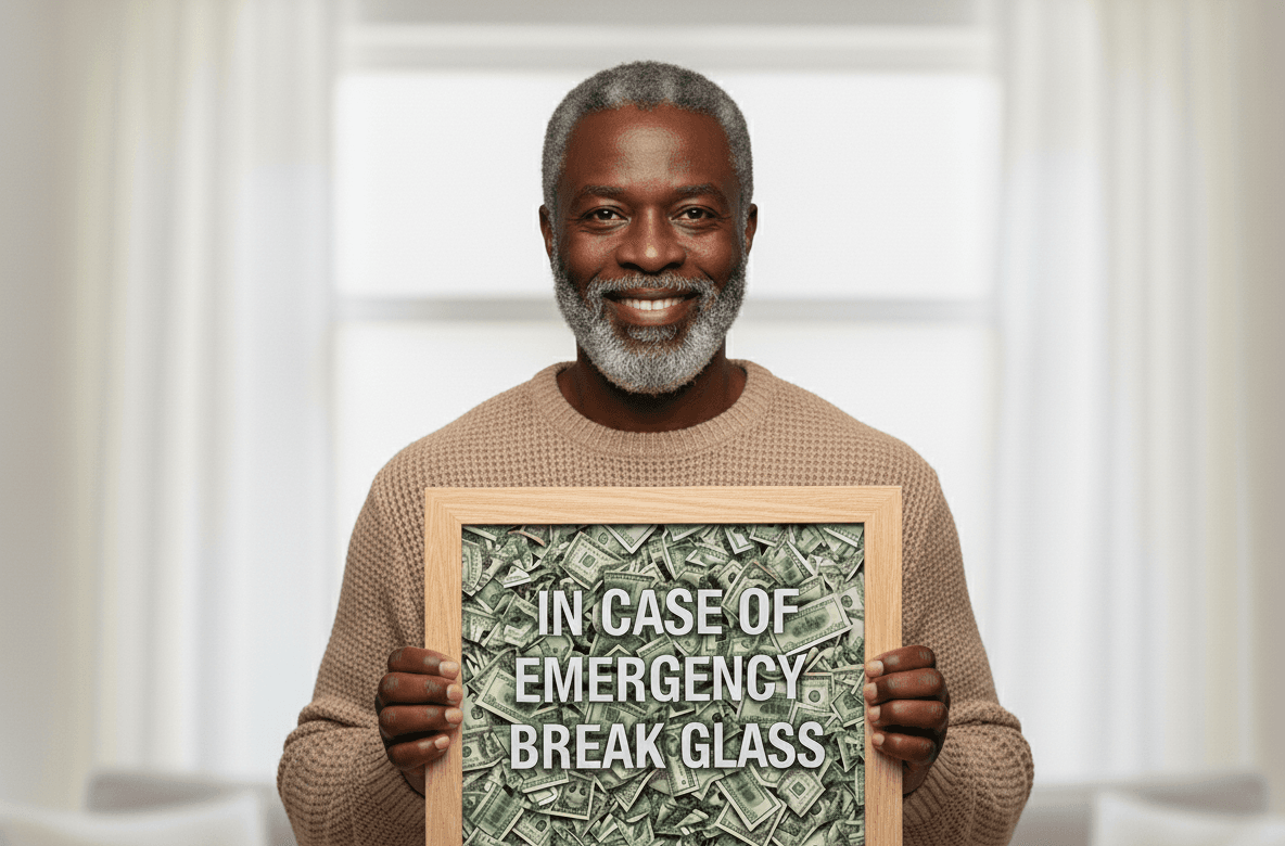 Man displaying humorous In Case of Emergency Break Glass cash money shadowbox in natural wood frame for gift