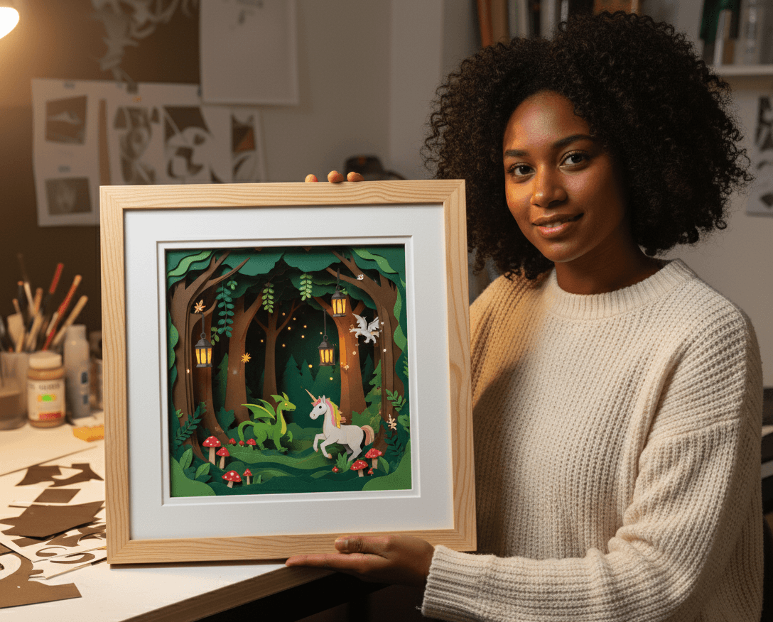 Artist holding layered paper cut fantasy forest scene with unicorn and dragon in natural wood shadowbox frame