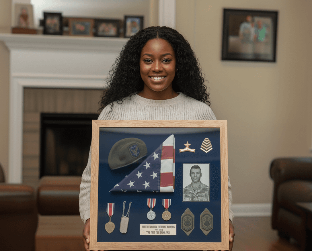 Family member displaying military tribute shadowbox with folded flag, medals, and service memorabilia in natural wood