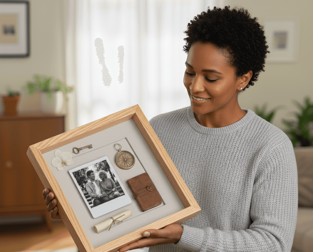 Woman admiring family heirloom shadowbox with vintage photos, compass, skeleton key, and treasured keepsakes