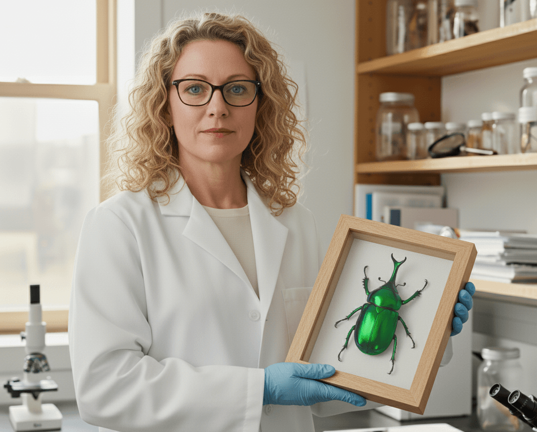 Lab scientist displaying emerald beetle insect specimen in natural wood shadowbox frame for entomology collection