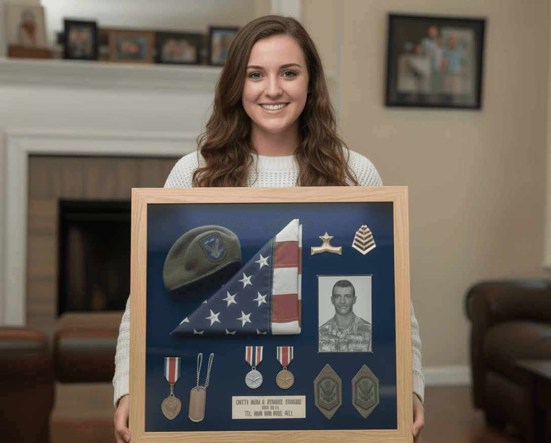 Woman holding military service shadowbox with folded flag, uniform beret, medals, and memorial plaque tribute