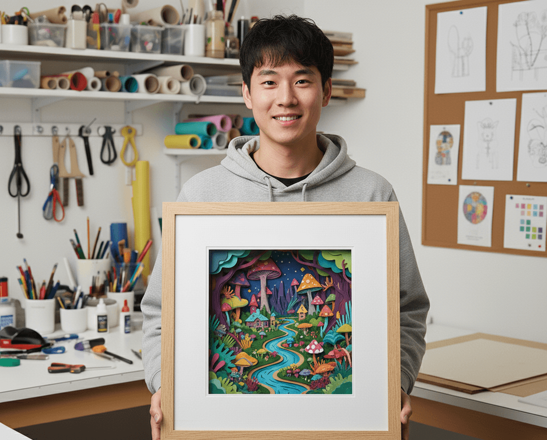 Artist holding colorful layered paper cut mushroom fantasy art in natural wood shadowbox frame with white matting