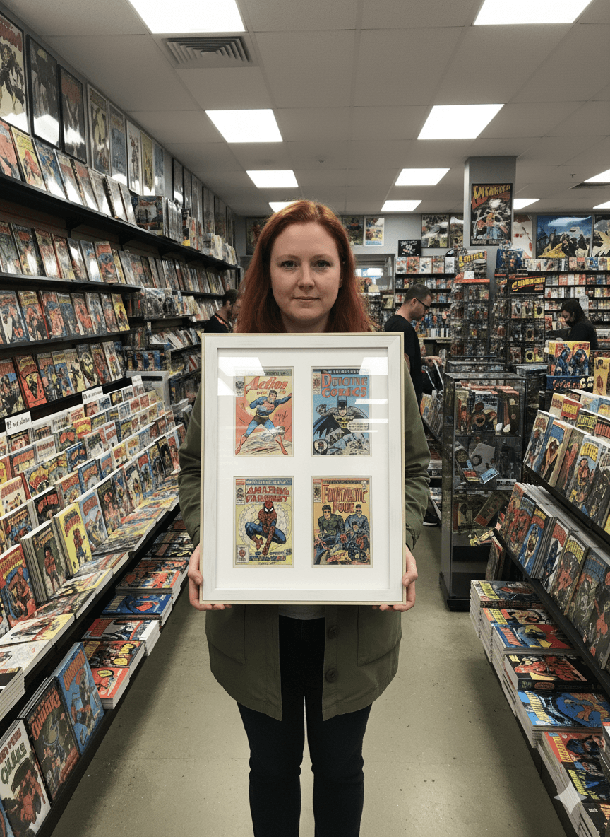 Woman in comic book store displaying vintage superhero comic covers in white shadowbox frame