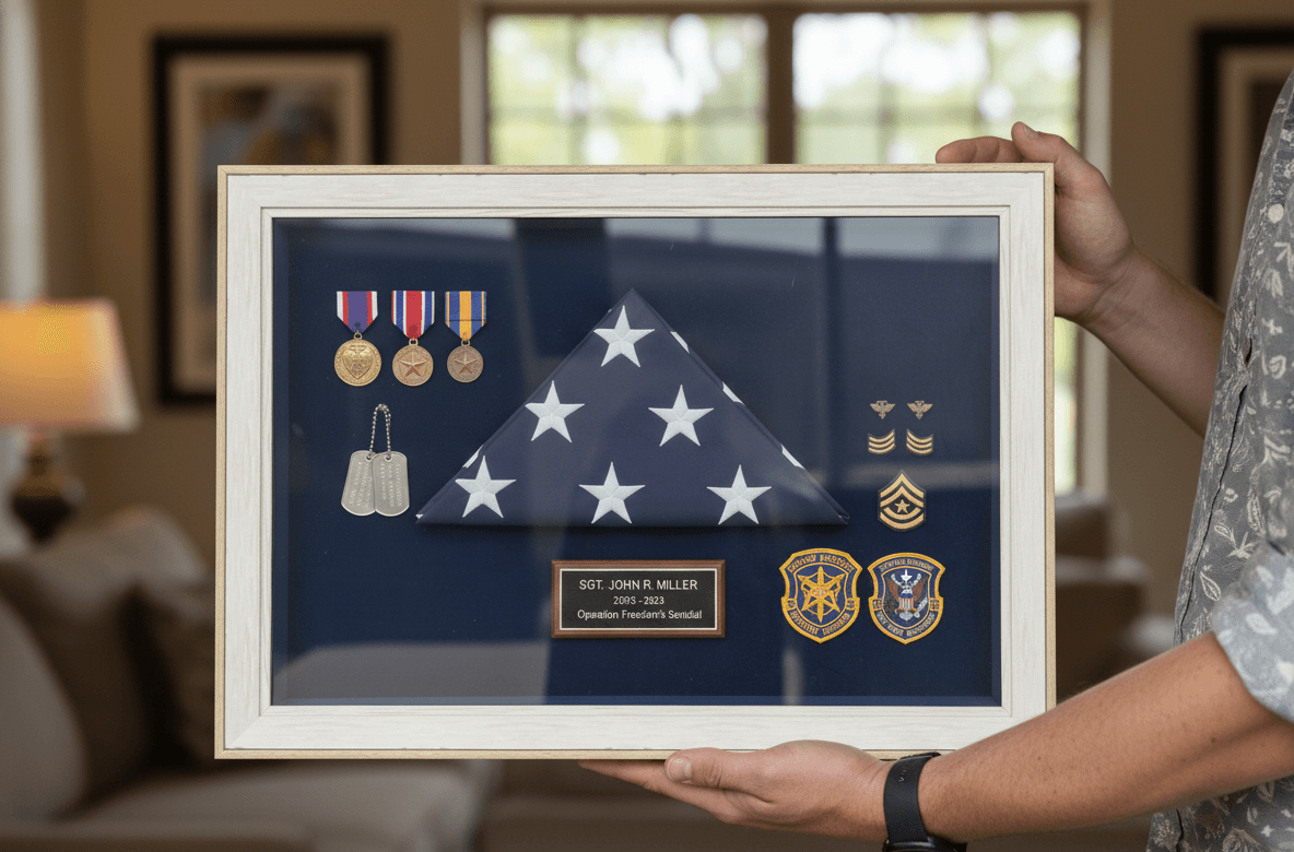 Person holding military memorial shadowbox with folded American flag, medals, and service plaque in white frame