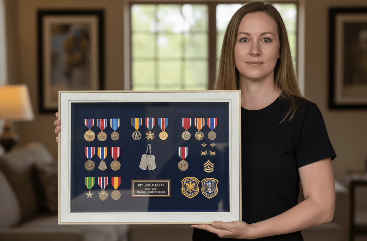 Woman displaying military service shadowbox with medals, dog tags, ribbons, and memorial plaque in white frame