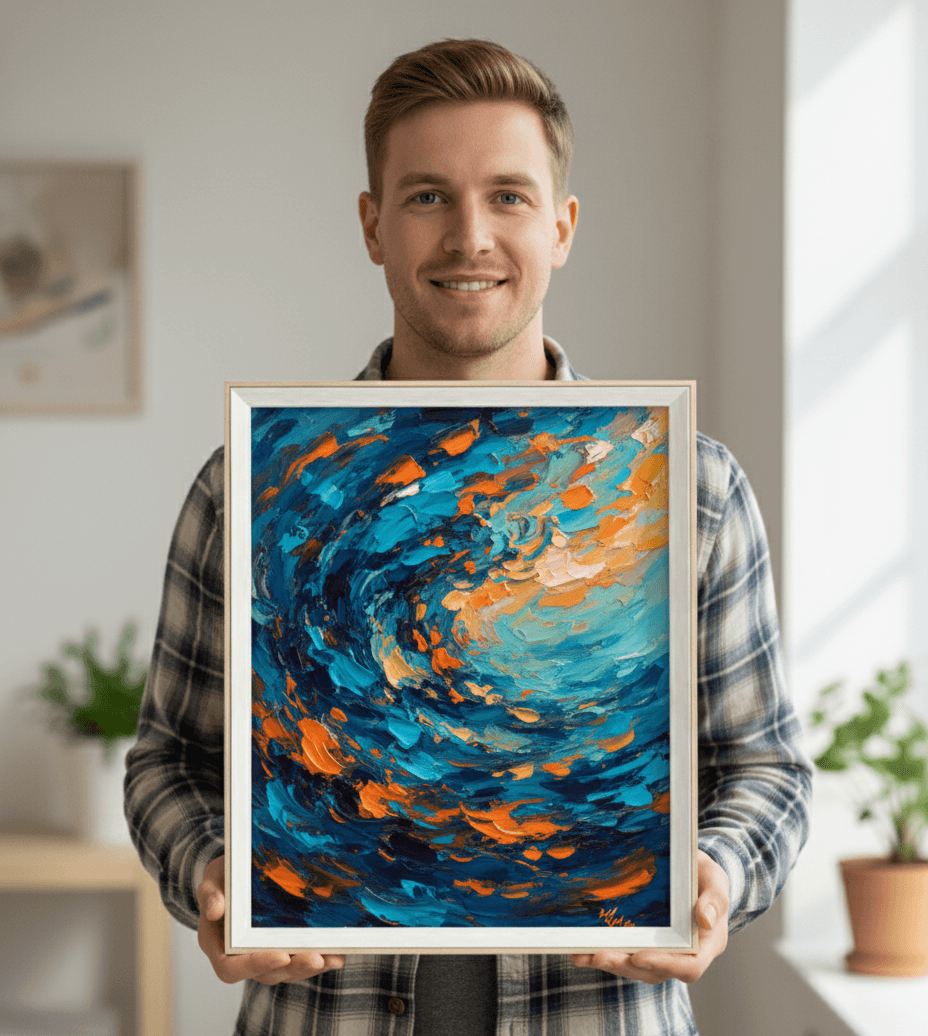Man in plaid shirt holding vibrant blue and orange abstract painting in white shadowbox frame