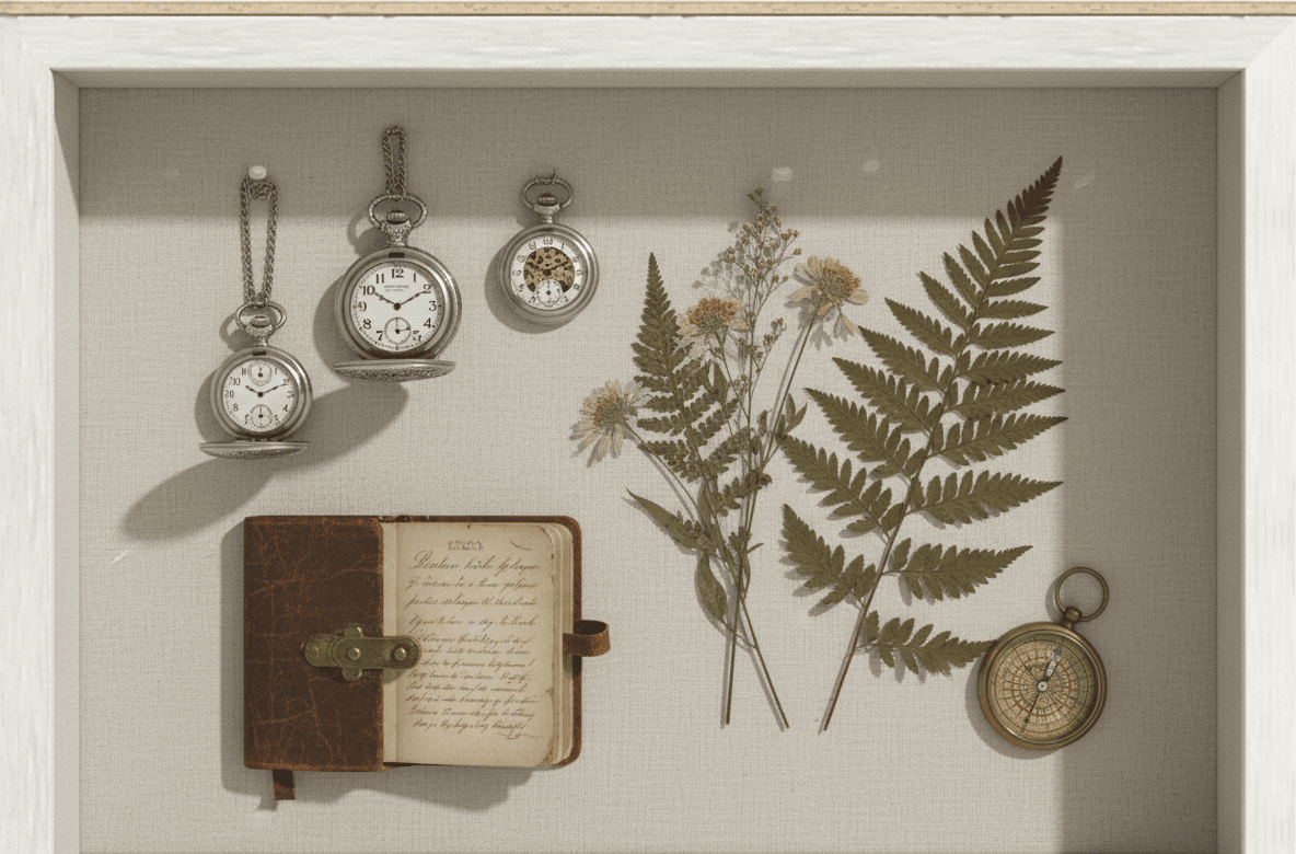 Flat lay of vintage pocket watches, leather journal, pressed botanicals, and compass in white shadowbox frame