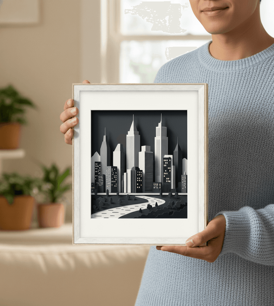 Person holding layered paper cut 3D city skyline art in white shadowbox frame with mat