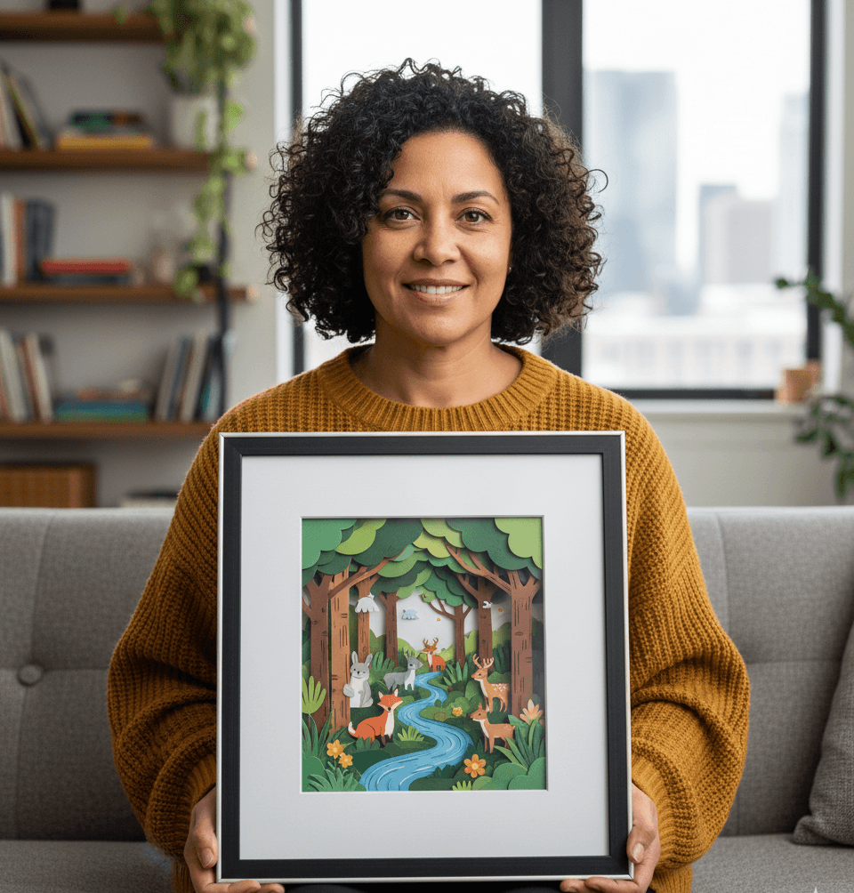Woman displaying layered paper cut forest scene with deer and woodland animals in black shadowbox frame