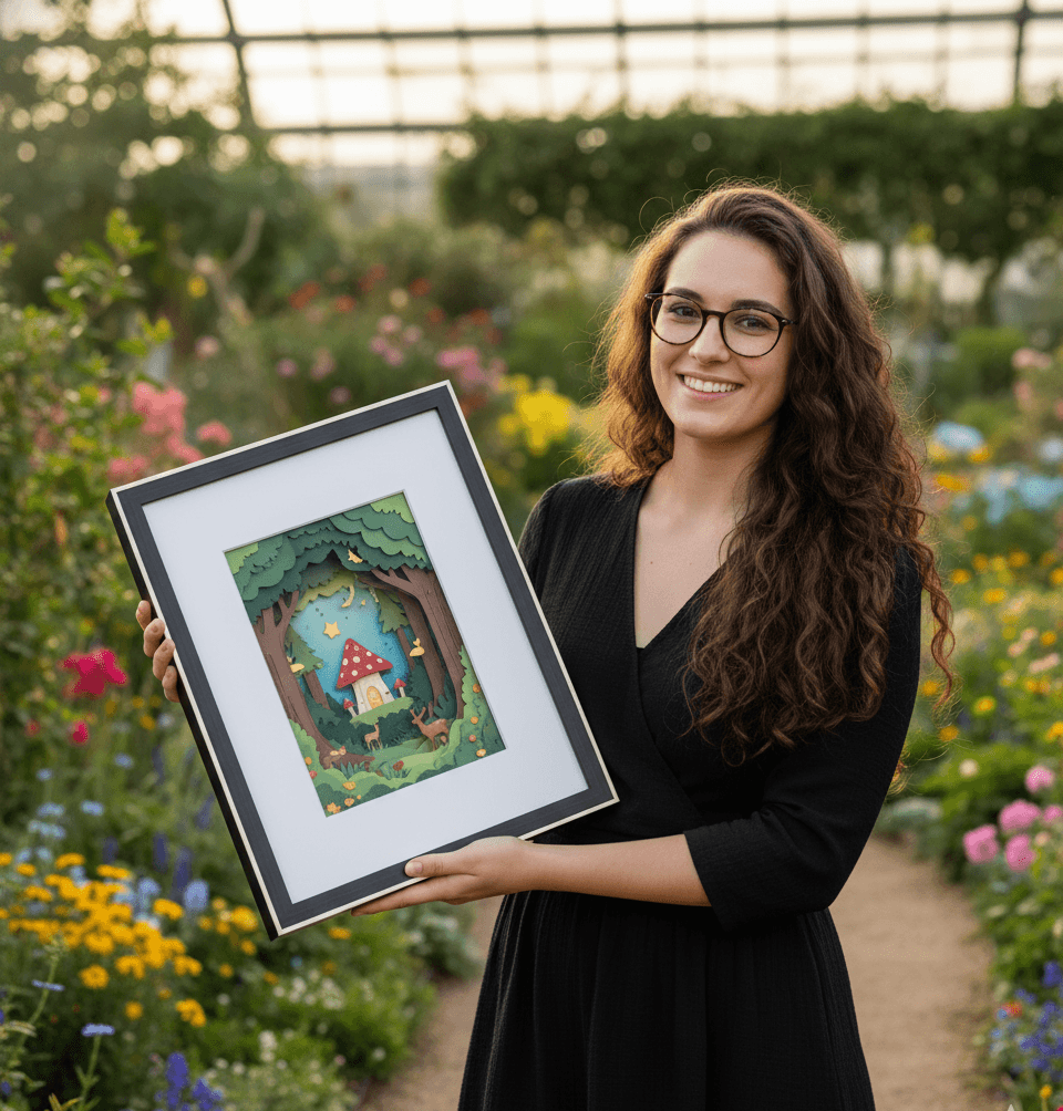 Woman in greenhouse holding layered paper cut mushroom house fantasy scene in black shadowbox frame