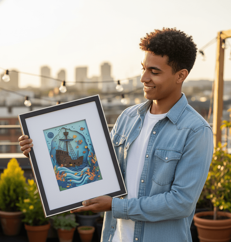 Man on rooftop displaying layered paper cut nautical ship and underwater scene in black shadowbox frame