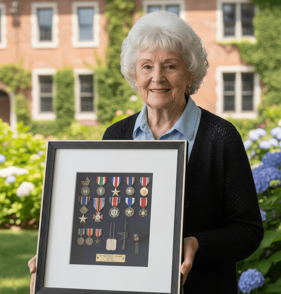 Elderly woman outdoors holding military service shadowbox with medals and decorations in black frame