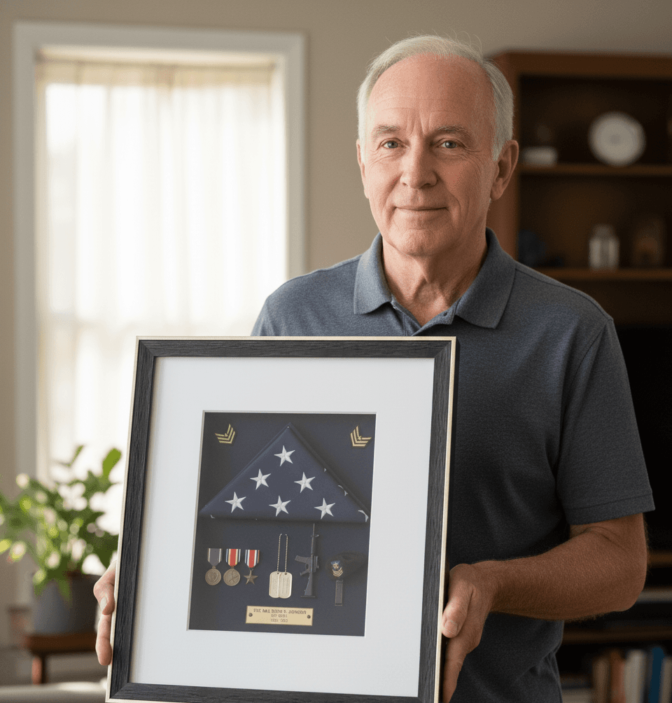 Elderly man holding military memorial shadowbox with folded flag, medals, and service plaque in black frame